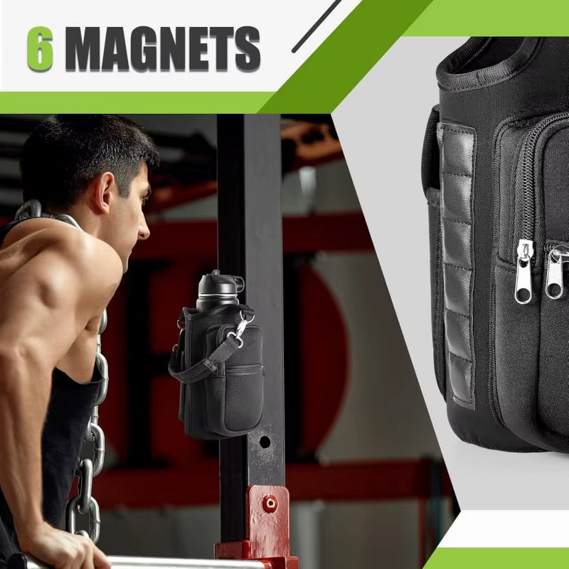 Revolutionary Magnetic Water Bottle Holder - Ultimate Gym Companion with Phone Pocket and Adjustable Strap