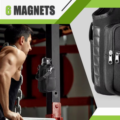 Revolutionary Magnetic Water Bottle Holder - Ultimate Gym Companion with Phone Pocket and Adjustable Strap